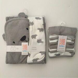 NEW Bath Set Baby Gift 1 Hooded and 1 Bath Towel and 6 Washcloths Gray Bears